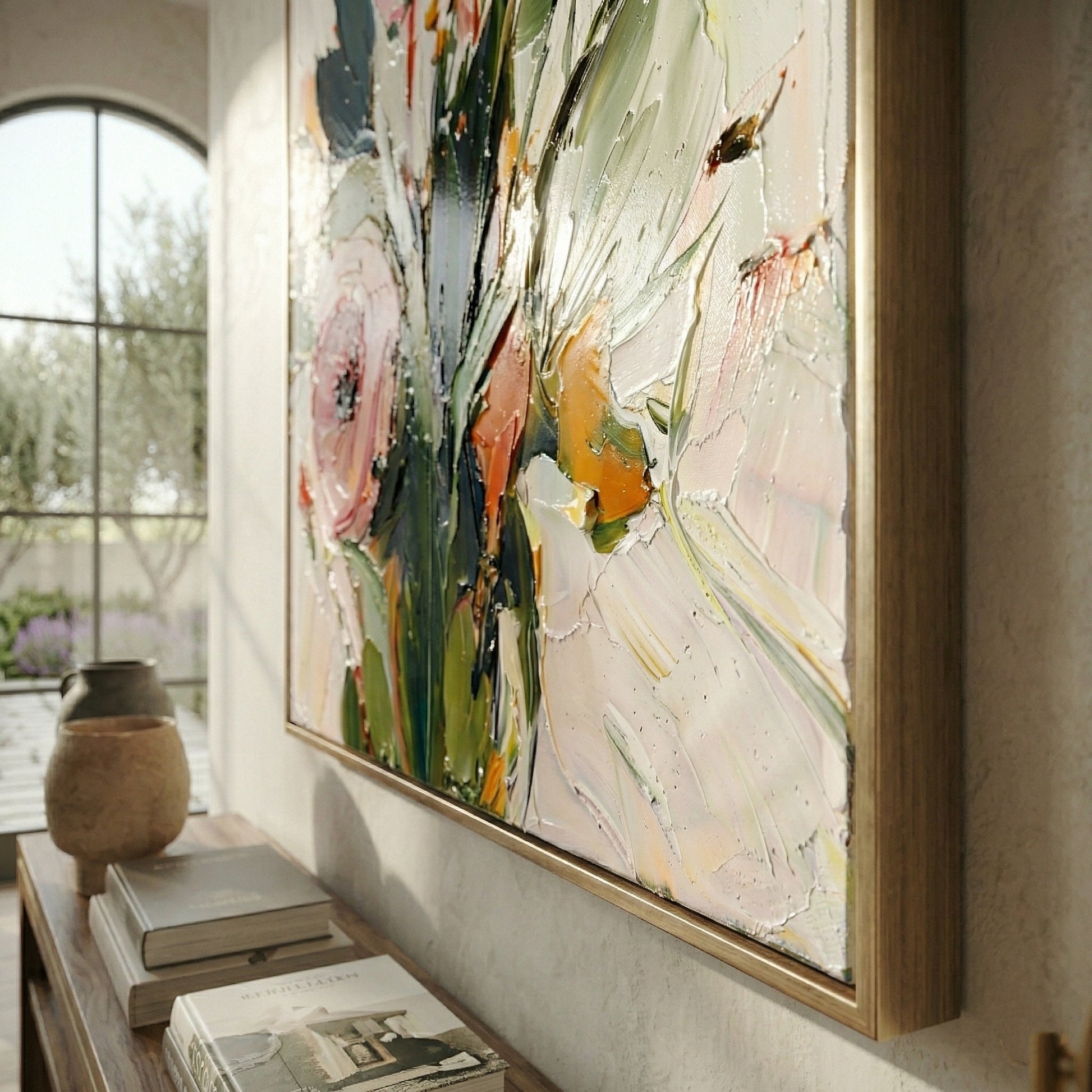 Large 3D heavy texture orange and pink floral oil painting "Amber Radiance" with sculptural impasto petals on a white background.