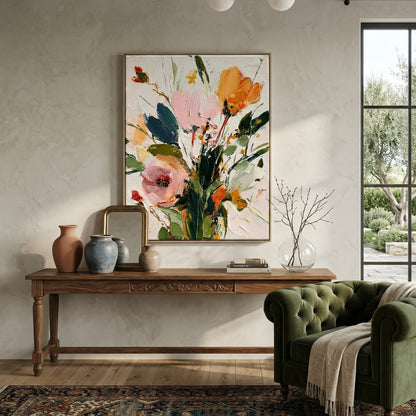 Large 3D heavy texture orange and pink floral oil painting "Amber Radiance" with sculptural impasto petals on a white background.