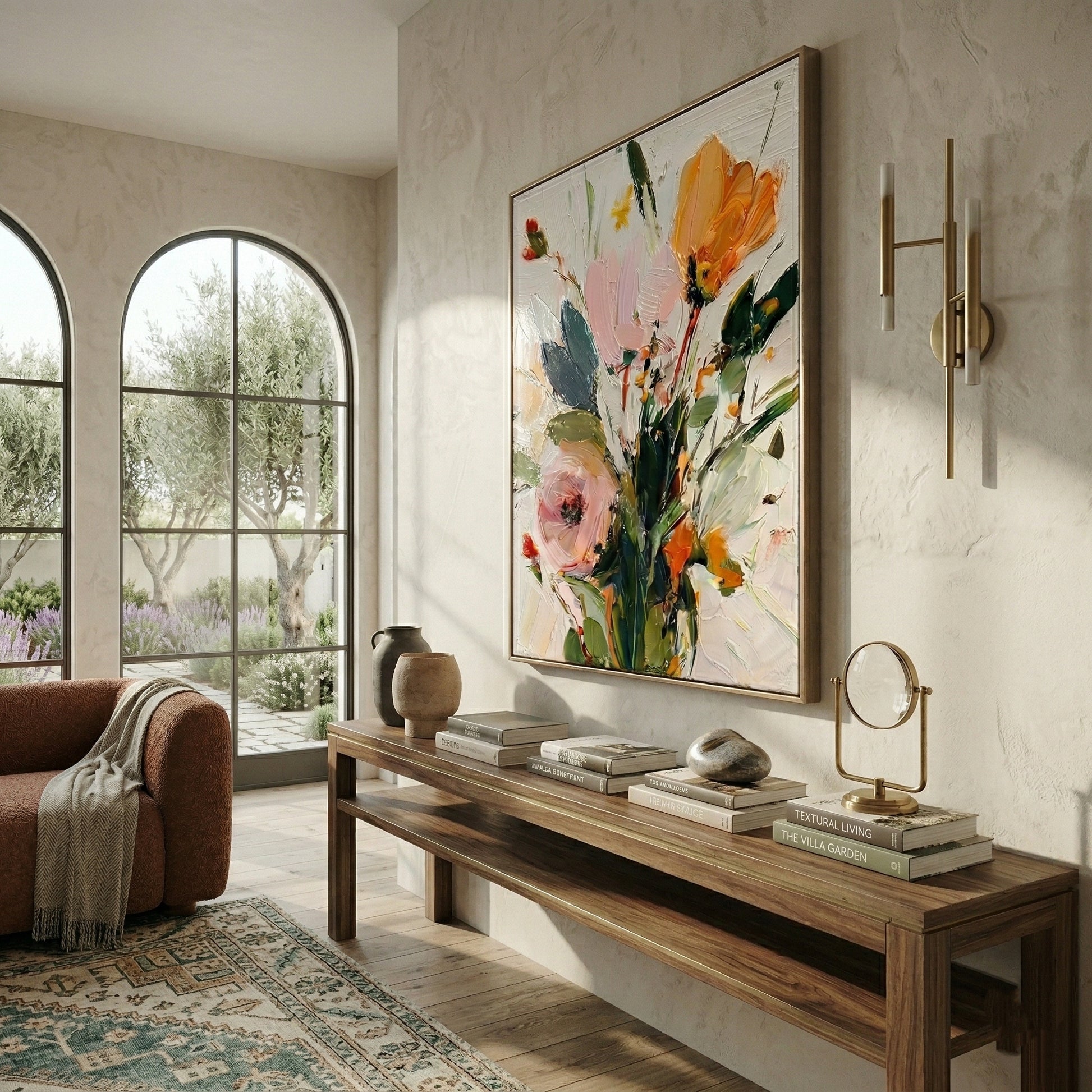 Large 3D heavy texture orange and pink floral oil painting "Amber Radiance" with sculptural impasto petals on a white background.