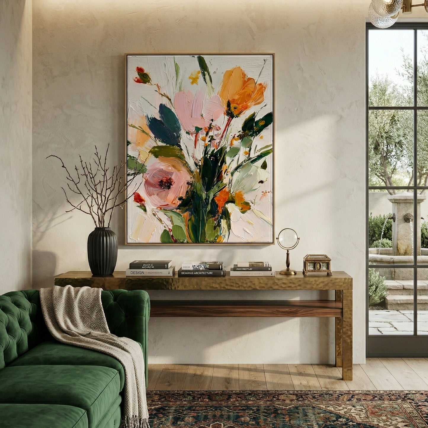 Large 3D heavy texture orange and pink floral oil painting "Amber Radiance" with sculptural impasto petals on a white background.