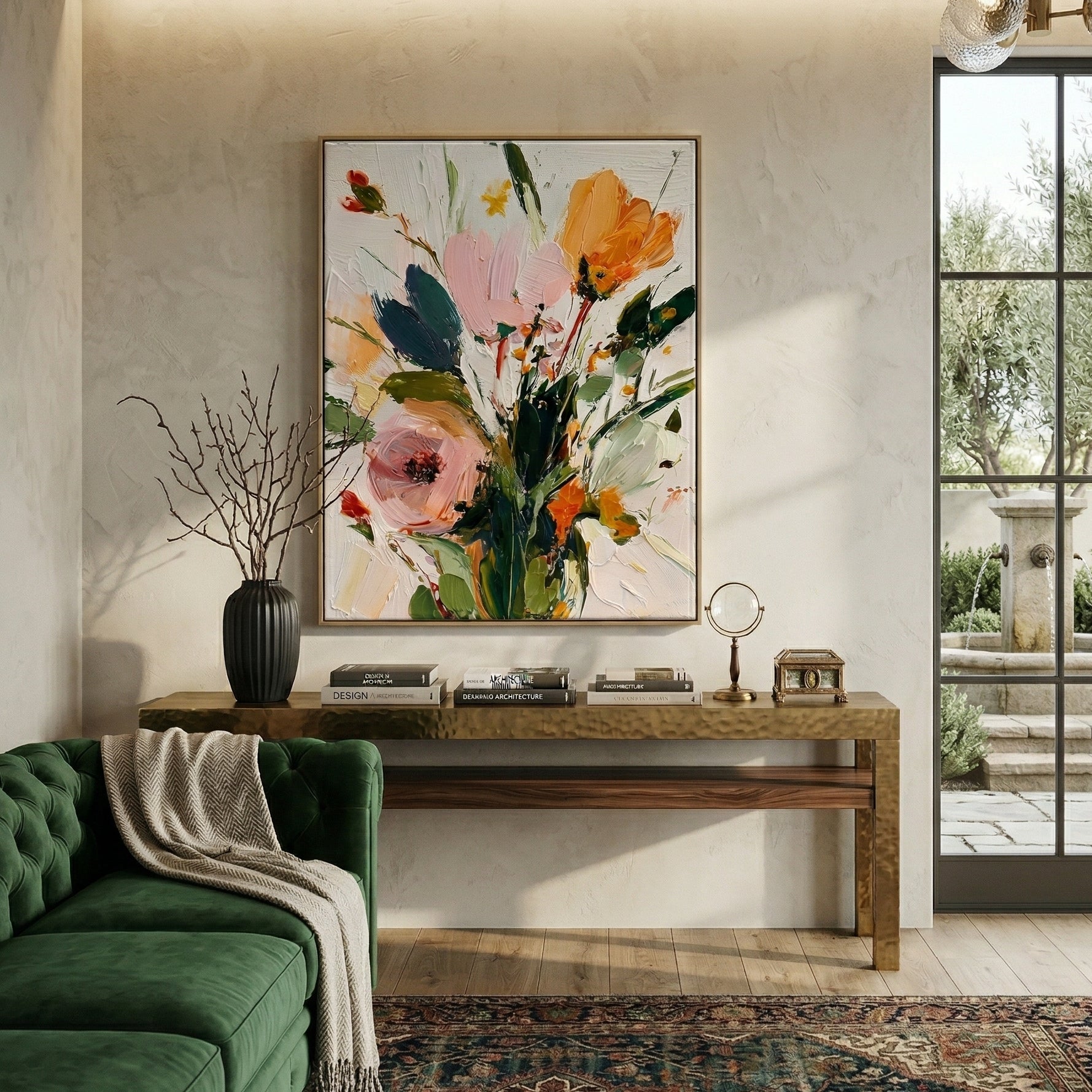 Large 3D heavy texture orange and pink floral oil painting "Amber Radiance" with sculptural impasto petals on a white background.