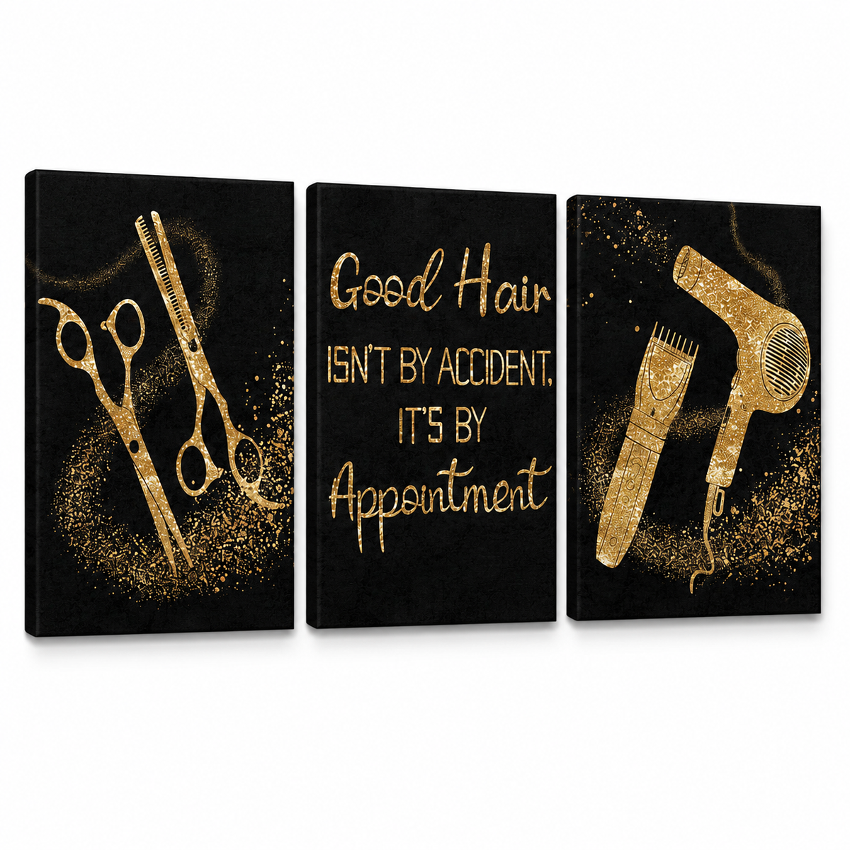 Hair Salon Photo with Gold Glitter Scissors 3-Piece Canvas Wall Art – Beauty & Salon Decor