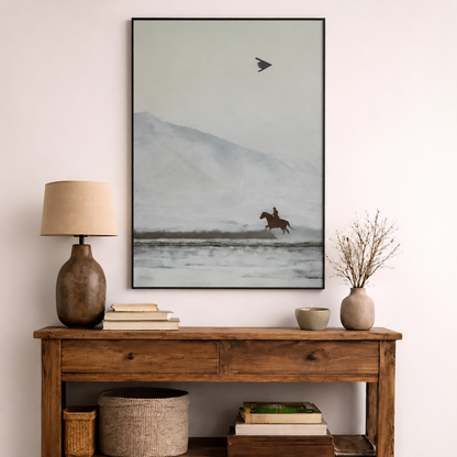 Minimalist lone horseback rider in a misty landscape Canvas Wall Art – Western & Horse Decor
