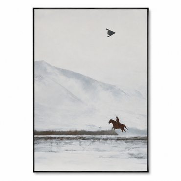 Minimalist lone horseback rider in a misty landscape Canvas Wall Art – Western & Horse Decor