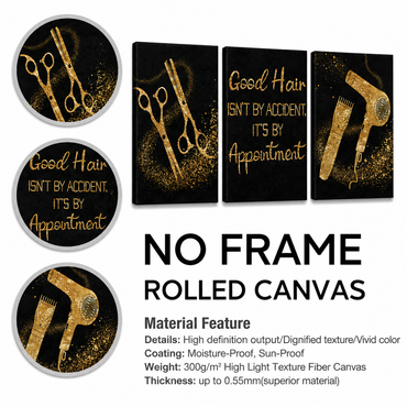 Hair Salon Photo with Gold Glitter Scissors 3-Piece Canvas Wall Art – Beauty & Salon Decor