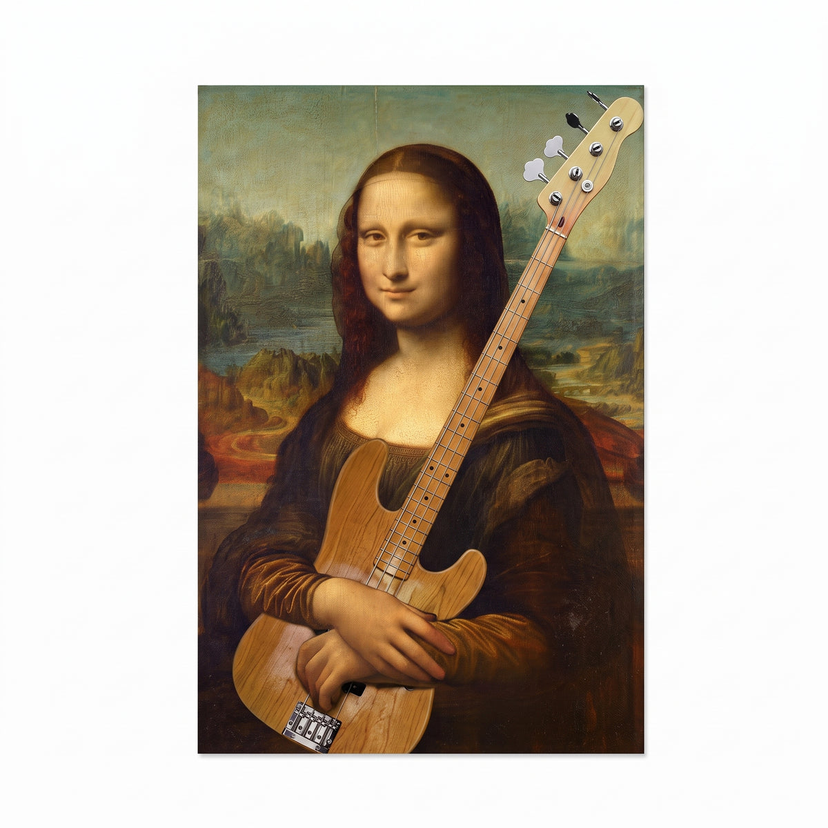 Funny Mona Lisa Bass Guitar Canvas Wall Art – Music & Pop Culture Decor