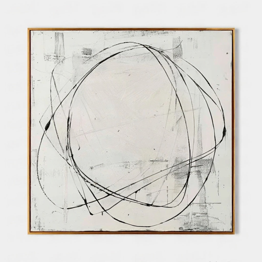 Large square 3D textured minimalist abstract oil painting "Eternal Orbit" with black circular lines and ivory gesso background.