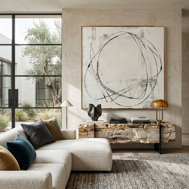 Large square 3D textured minimalist abstract oil painting "Eternal Orbit" with black circular lines and ivory gesso background.