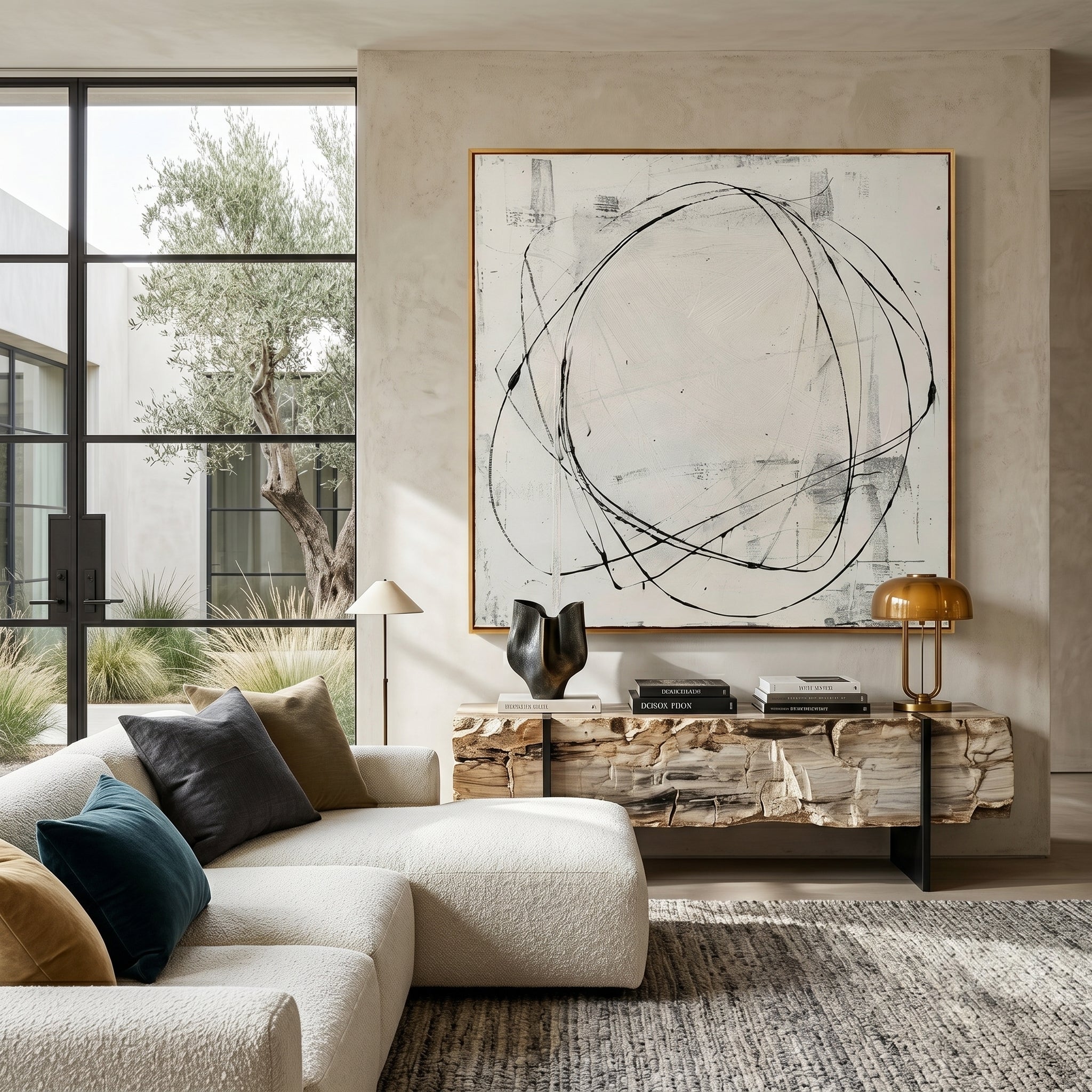 Large square 3D textured minimalist abstract oil painting "Eternal Orbit" with black circular lines and ivory gesso background.