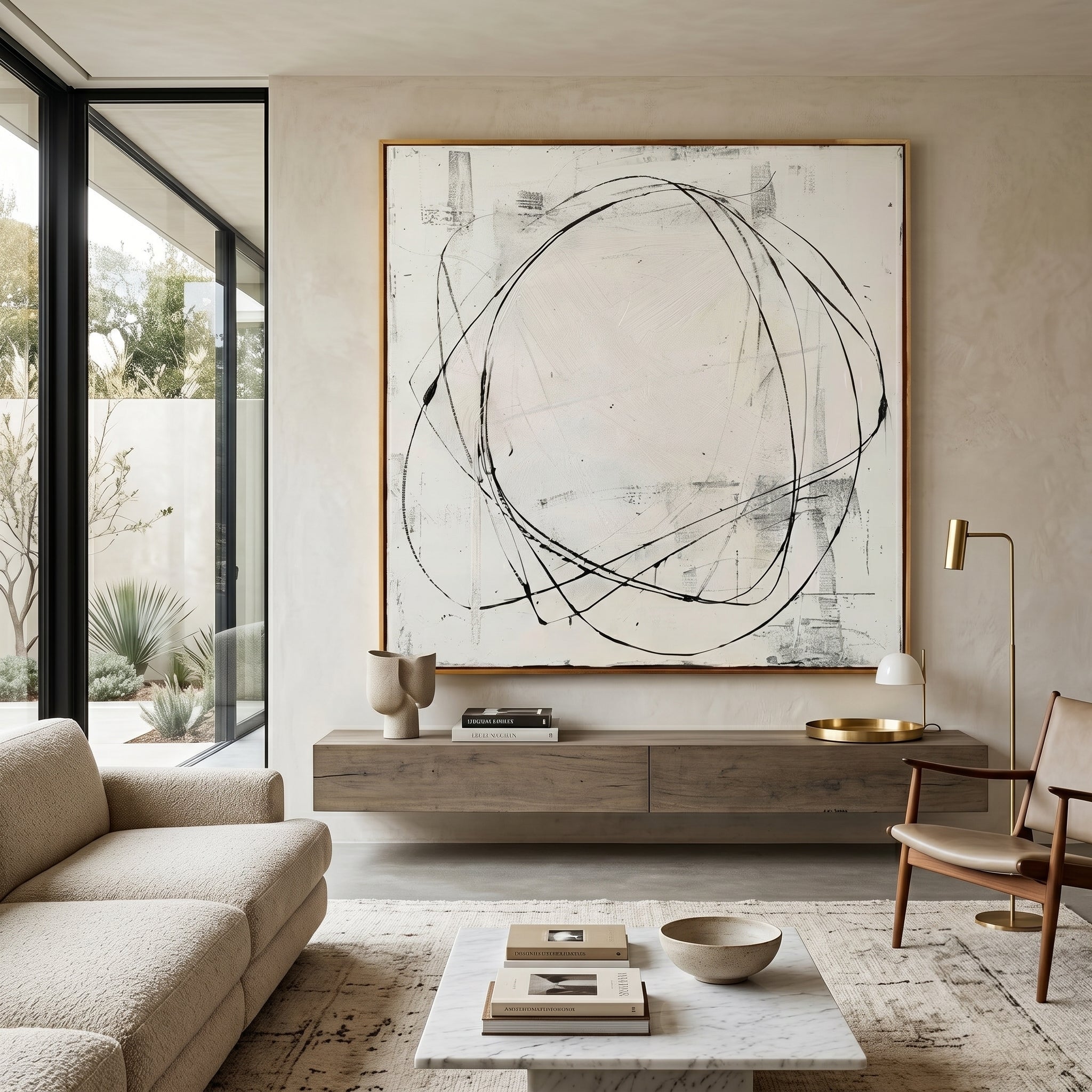 Large square 3D textured minimalist abstract oil painting "Eternal Orbit" with black circular lines and ivory gesso background.