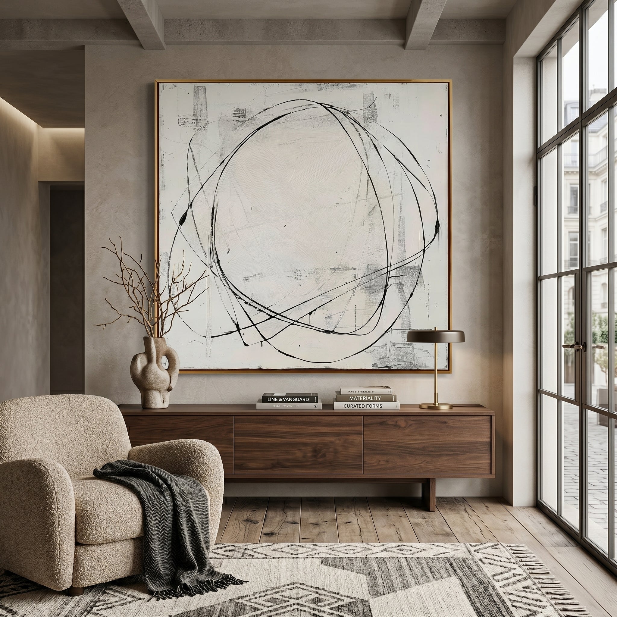 Large square 3D textured minimalist abstract oil painting "Eternal Orbit" with black circular lines and ivory gesso background.