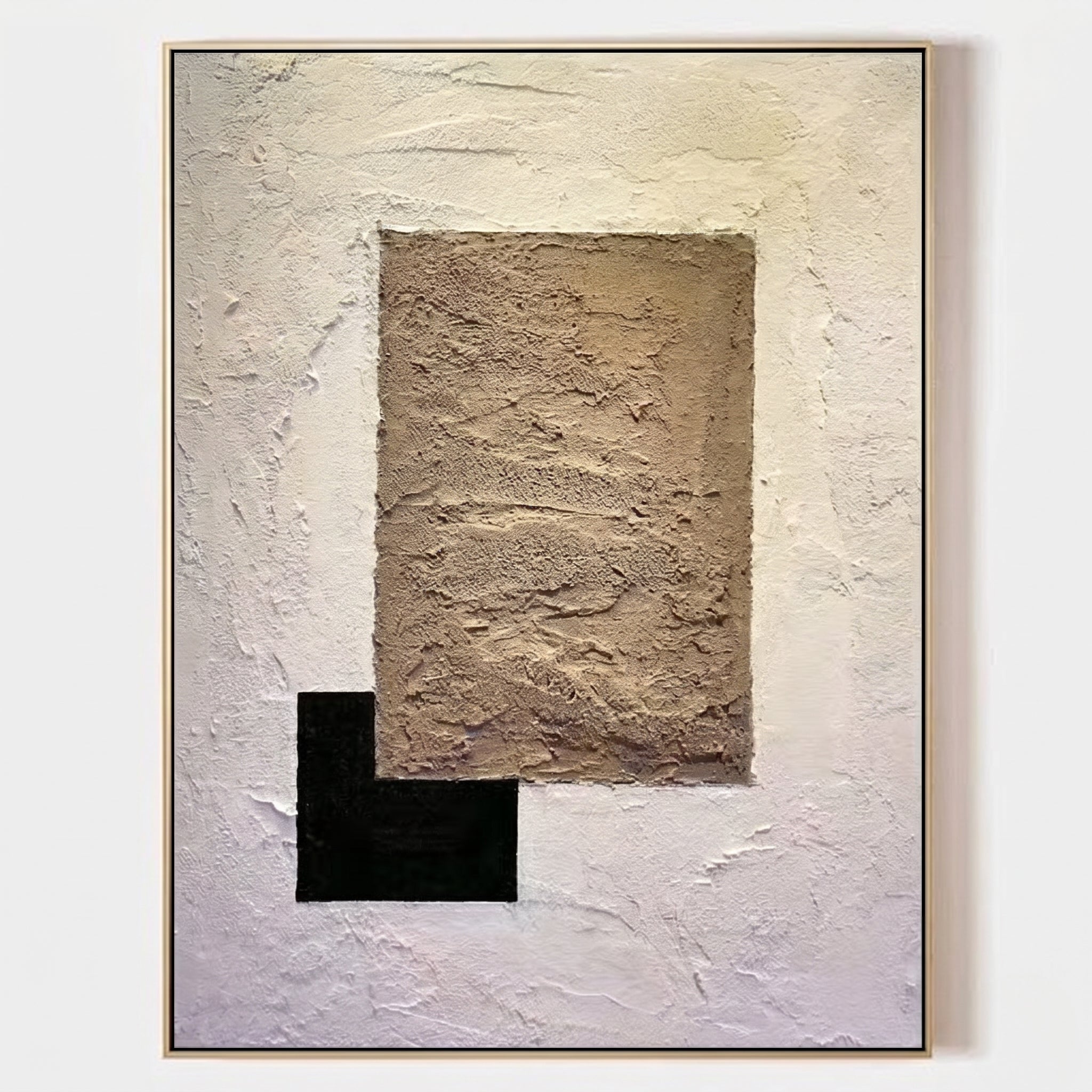 Large vertical 3D heavy texture abstract oil painting "The Earthy Monolith" with a central brown sand relief and black geometric block on an ivory background.