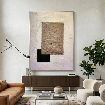 Large vertical 3D heavy texture abstract oil painting "The Earthy Monolith" with a central brown sand relief and black geometric block on an ivory background.