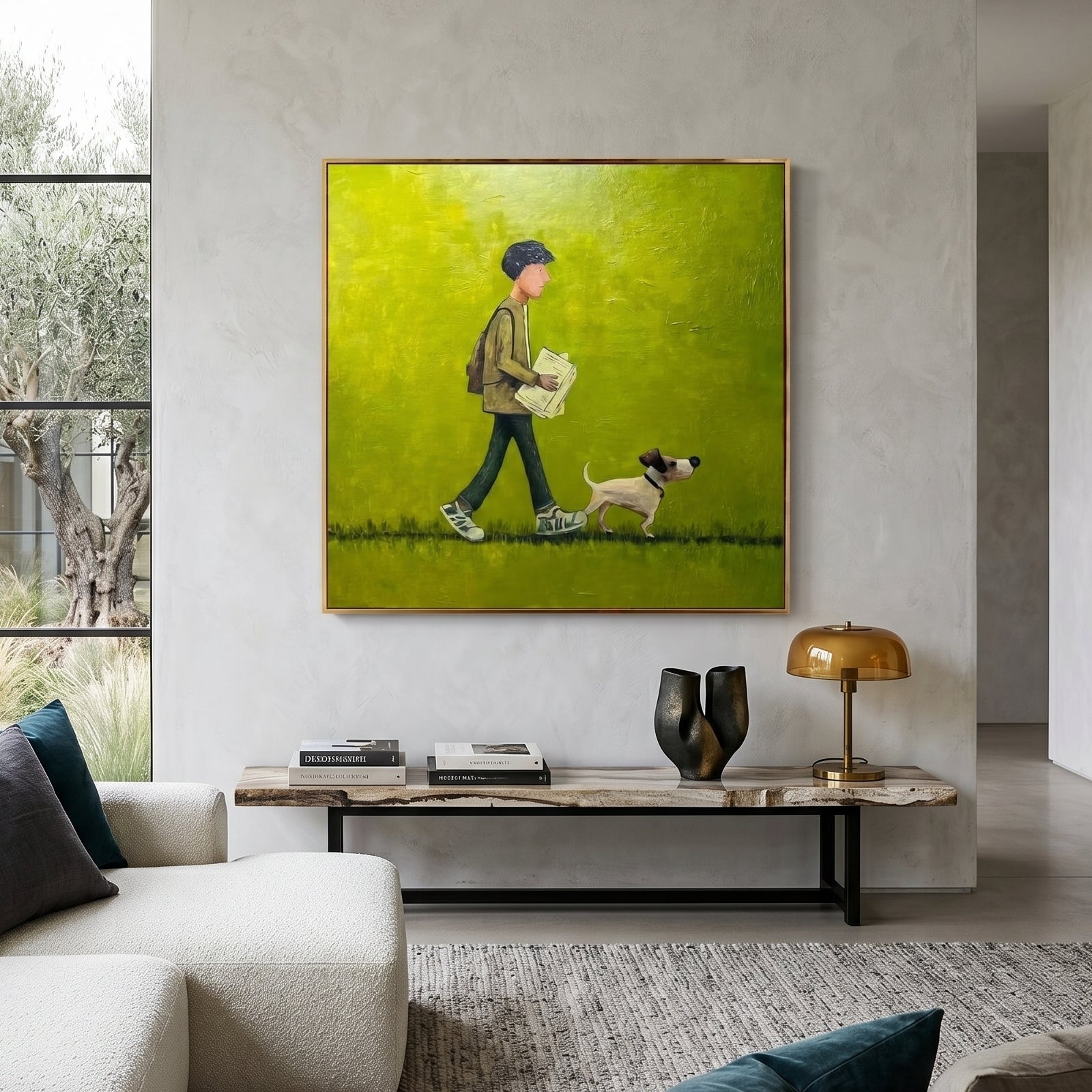Contemporary Naive Art | Whimsical Man & Dog Oil Painting KS0137 - Viral Wall Art