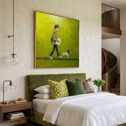 Contemporary Naive Art | Whimsical Man & Dog Oil Painting KS0137 - Viral Wall Art