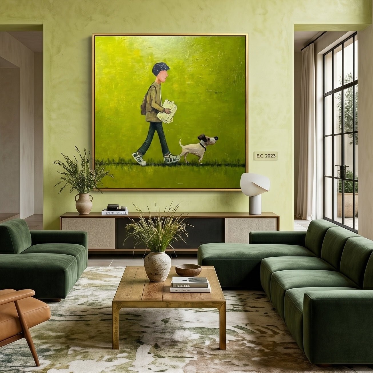 Contemporary Naive Art | Whimsical Man & Dog Oil Painting KS0137 - Viral Wall Art