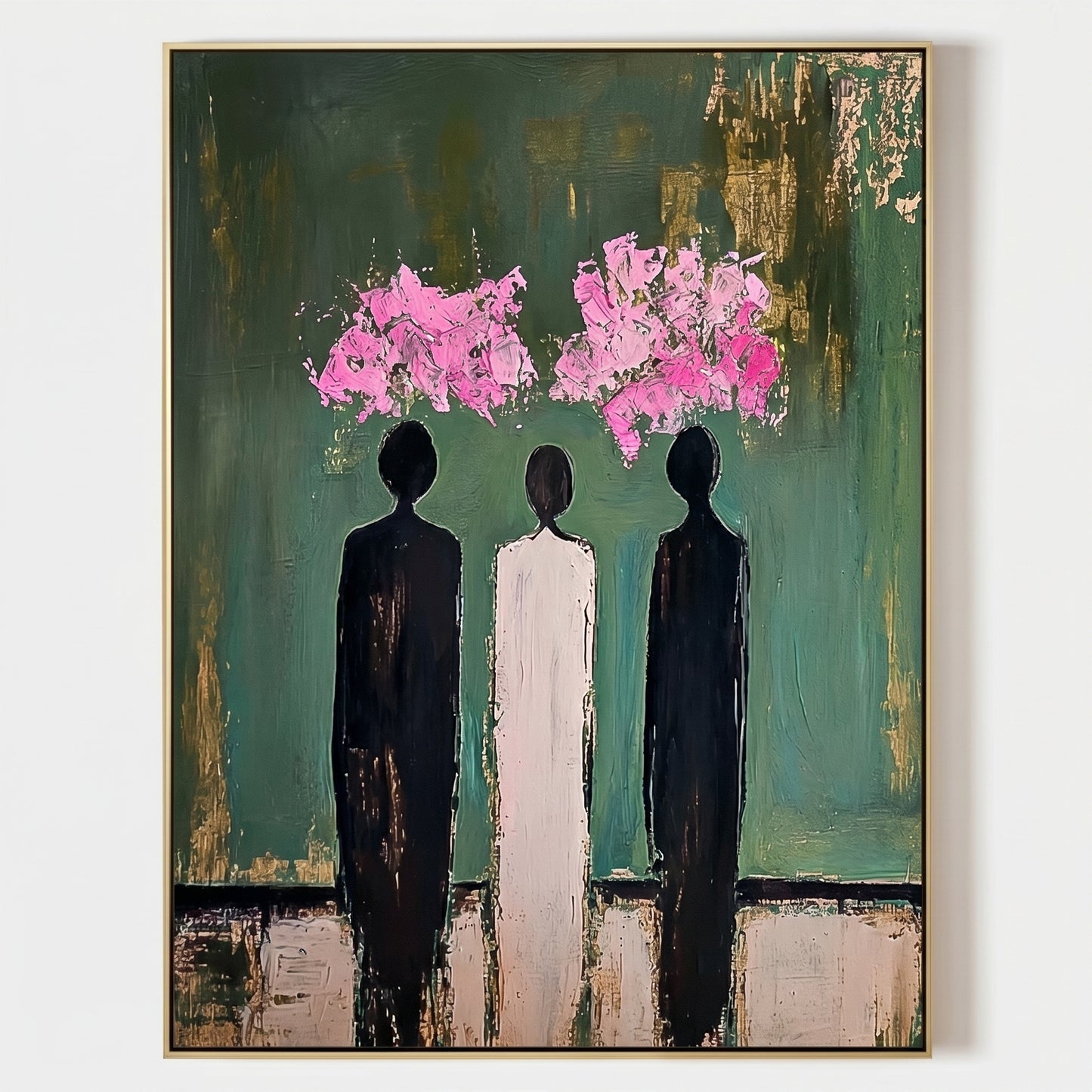 Large vertical 3D heavy texture abstract oil painting "Blooming Thoughts" with three figures, emerald green background, and pink sculpted floral clusters.