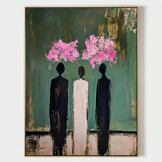 Large vertical 3D heavy texture abstract oil painting "Blooming Thoughts" with three figures, emerald green background, and pink sculpted floral clusters.