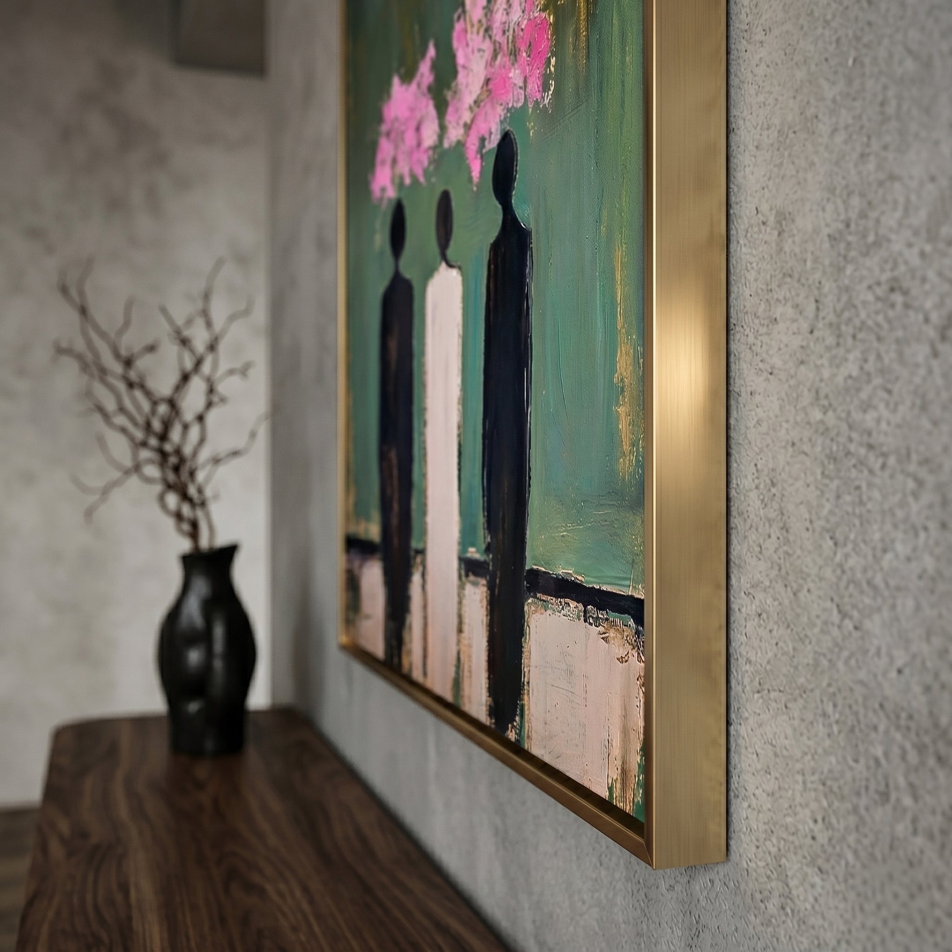 Large vertical 3D heavy texture abstract oil painting "Blooming Thoughts" with three figures, emerald green background, and pink sculpted floral clusters.