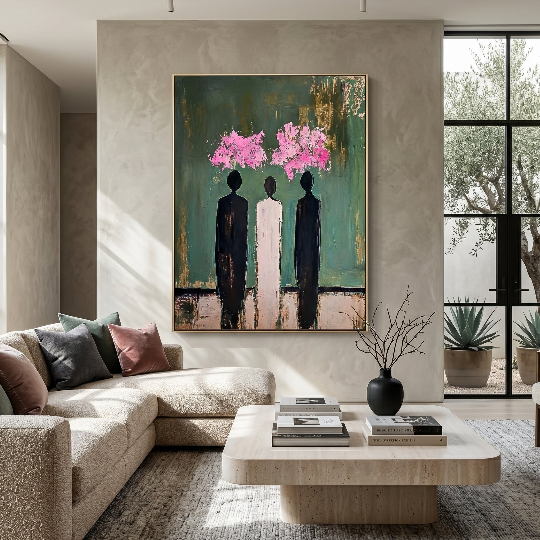 Large vertical 3D heavy texture abstract oil painting "Blooming Thoughts" with three figures, emerald green background, and pink sculpted floral clusters.