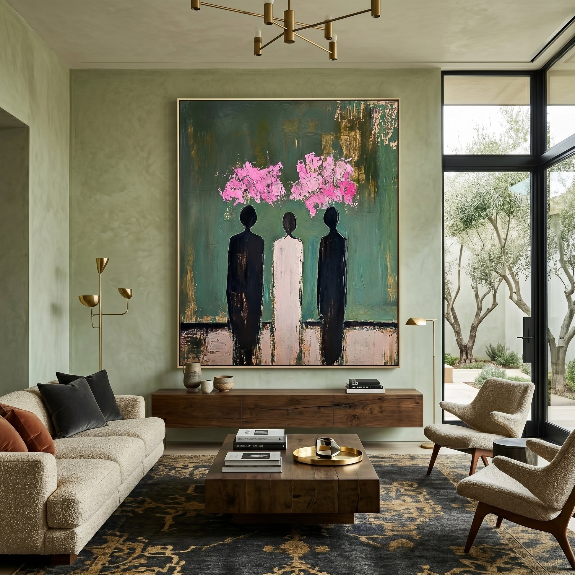 Large vertical 3D heavy texture abstract oil painting "Blooming Thoughts" with three figures, emerald green background, and pink sculpted floral clusters.