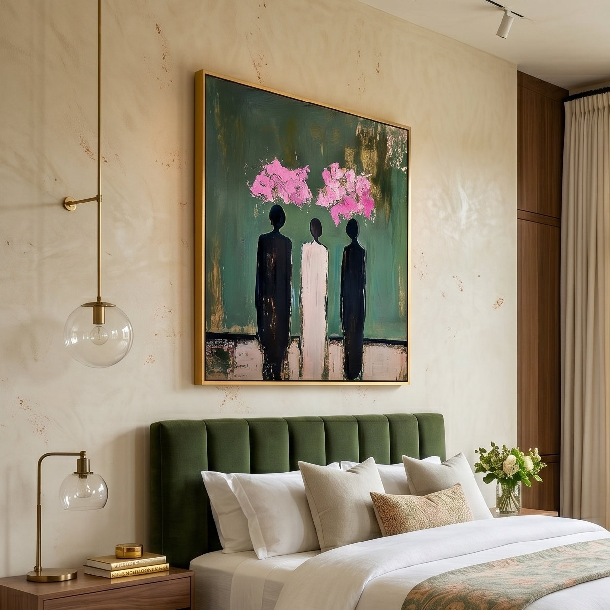 Large vertical 3D heavy texture abstract oil painting "Blooming Thoughts" with three figures, emerald green background, and pink sculpted floral clusters.