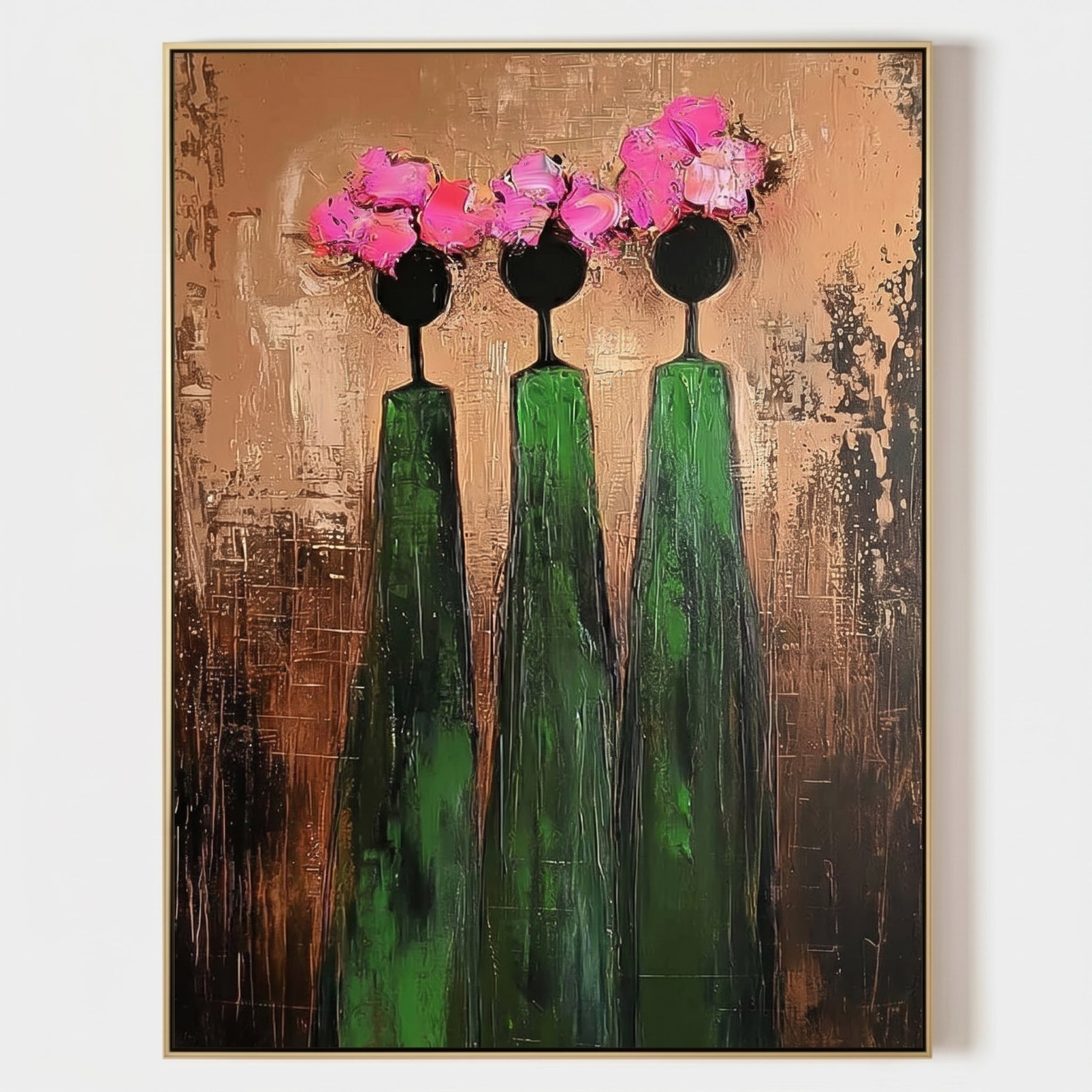 Large vertical 3D heavy texture abstract oil painting "Sisterhood in Bloom" with three figures, bronze textured background, and pink sculpted floral crowns.