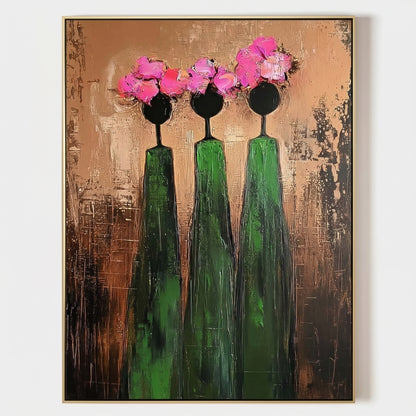 Large vertical 3D heavy texture abstract oil painting "Sisterhood in Bloom" with three figures, bronze textured background, and pink sculpted floral crowns.