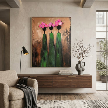 Large vertical 3D heavy texture abstract oil painting "Sisterhood in Bloom" with three figures, bronze textured background, and pink sculpted floral crowns.