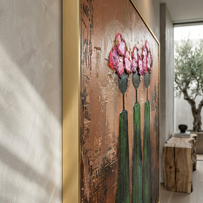 Large vertical 3D heavy texture abstract oil painting "Sisterhood in Bloom" with three figures, bronze textured background, and pink sculpted floral crowns.