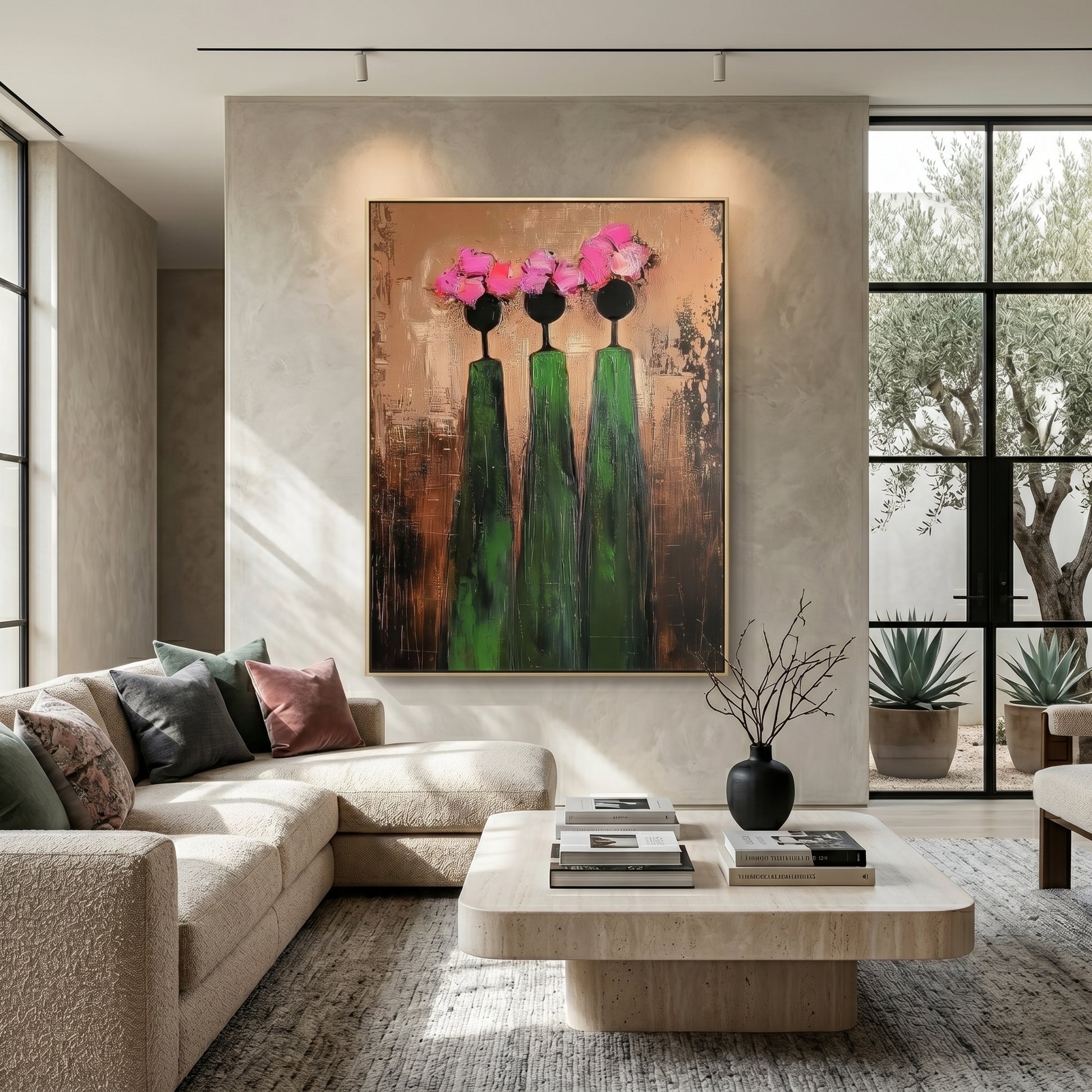 Large vertical 3D heavy texture abstract oil painting "Sisterhood in Bloom" with three figures, bronze textured background, and pink sculpted floral crowns.