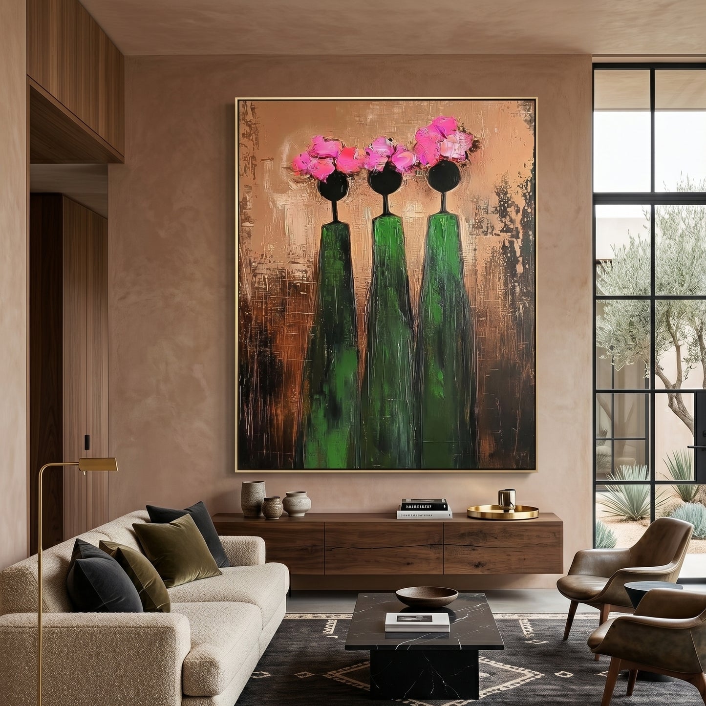 Large vertical 3D heavy texture abstract oil painting "Sisterhood in Bloom" with three figures, bronze textured background, and pink sculpted floral crowns.