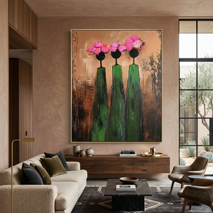 Large vertical 3D heavy texture abstract oil painting "Sisterhood in Bloom" with three figures, bronze textured background, and pink sculpted floral crowns.