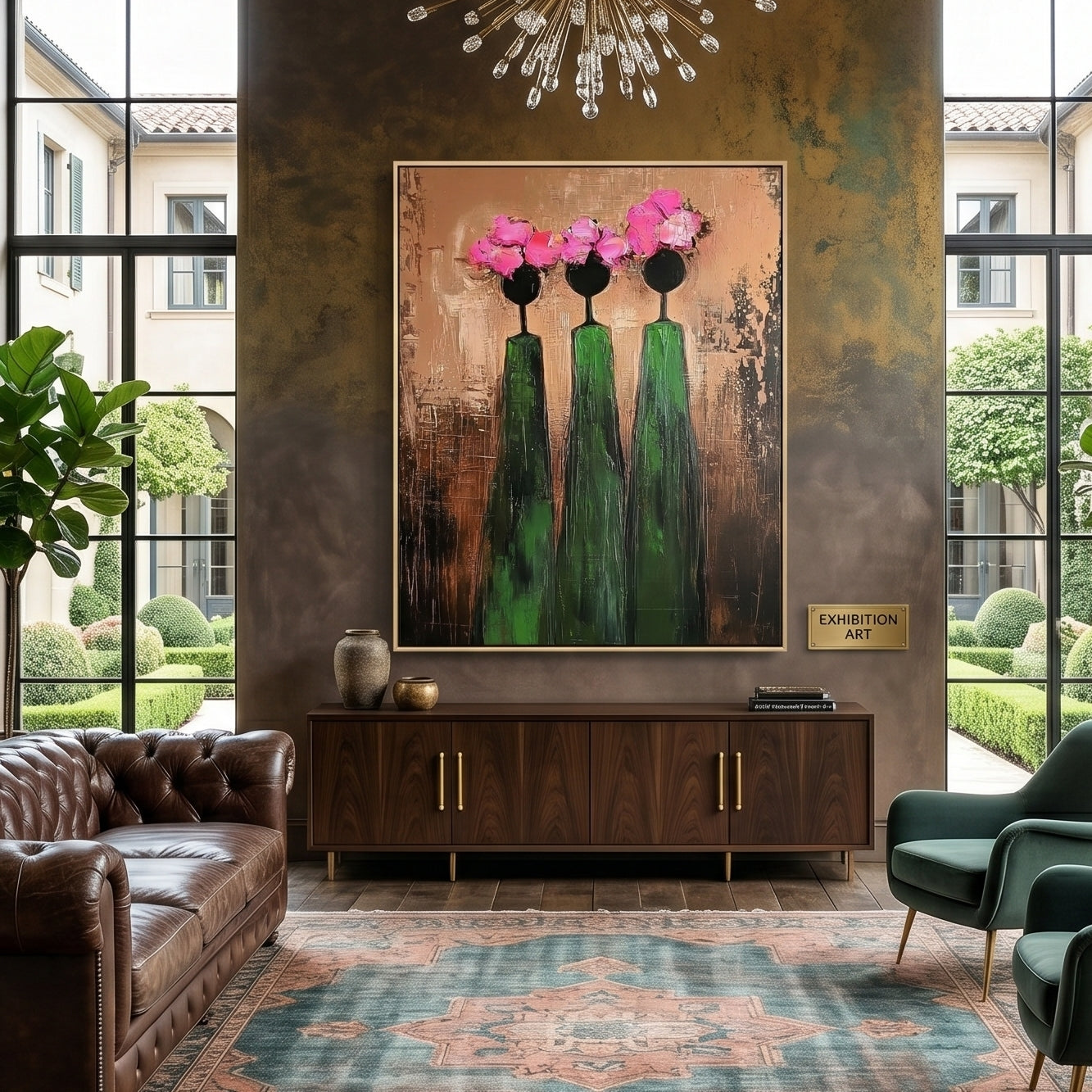 Large vertical 3D heavy texture abstract oil painting "Sisterhood in Bloom" with three figures, bronze textured background, and pink sculpted floral crowns.
