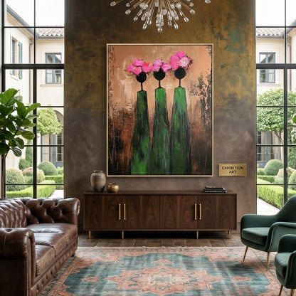 Large vertical 3D heavy texture abstract oil painting "Sisterhood in Bloom" with three figures, bronze textured background, and pink sculpted floral crowns.
