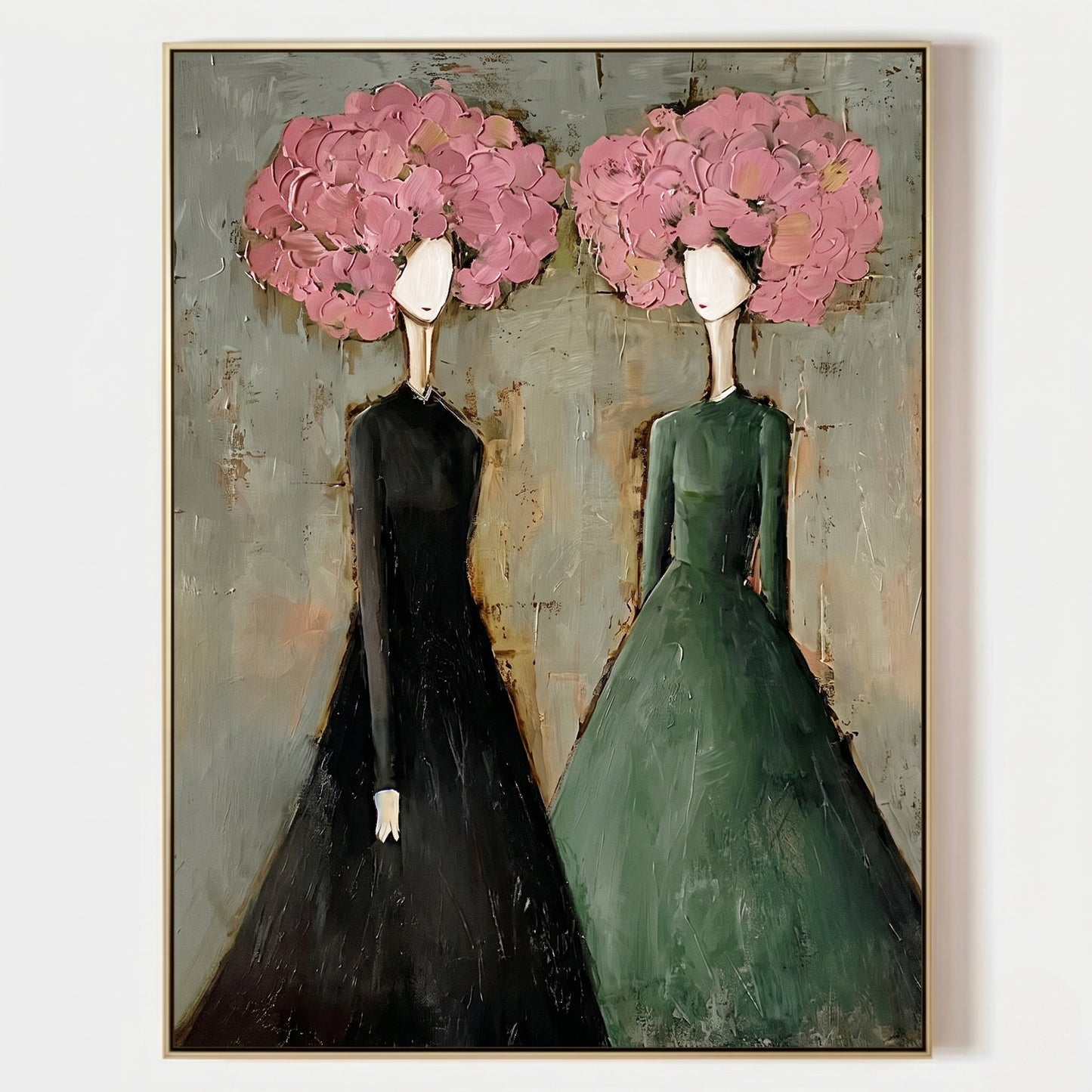Large vertical 3D heavy texture abstract oil painting "Blossoming Elegance" with two ladies in green and black dresses, featuring pink sculpted floral crowns.