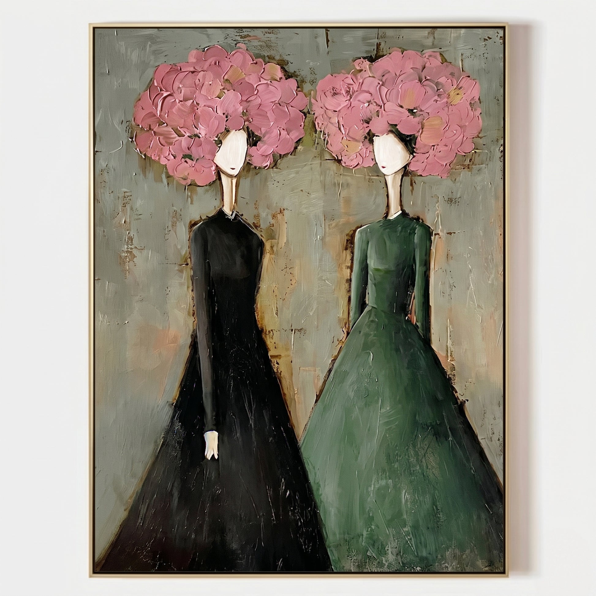 Large vertical 3D heavy texture abstract oil painting "Blossoming Elegance" with two ladies in green and black dresses, featuring pink sculpted floral crowns.