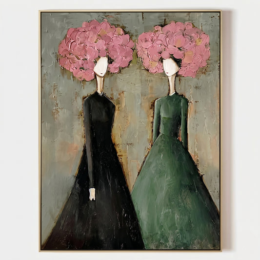 Large vertical 3D heavy texture abstract oil painting "Blossoming Elegance" with two ladies in green and black dresses, featuring pink sculpted floral crowns.