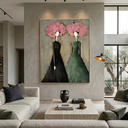Large vertical 3D heavy texture abstract oil painting "Blossoming Elegance" with two ladies in green and black dresses, featuring pink sculpted floral crowns.
