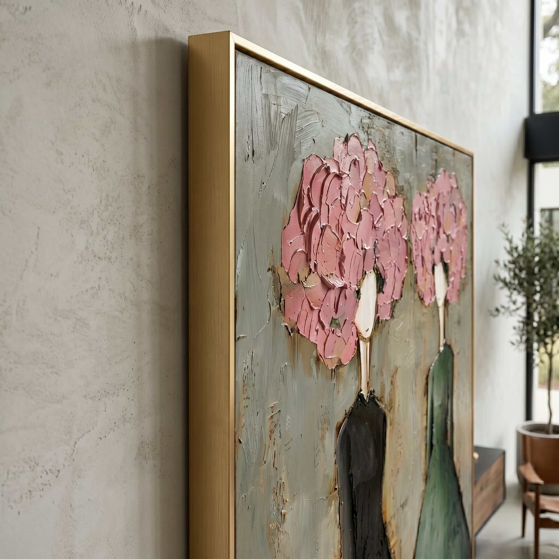 Large vertical 3D heavy texture abstract oil painting "Blossoming Elegance" with two ladies in green and black dresses, featuring pink sculpted floral crowns.