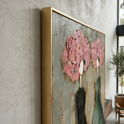 Large vertical 3D heavy texture abstract oil painting "Blossoming Elegance" with two ladies in green and black dresses, featuring pink sculpted floral crowns.