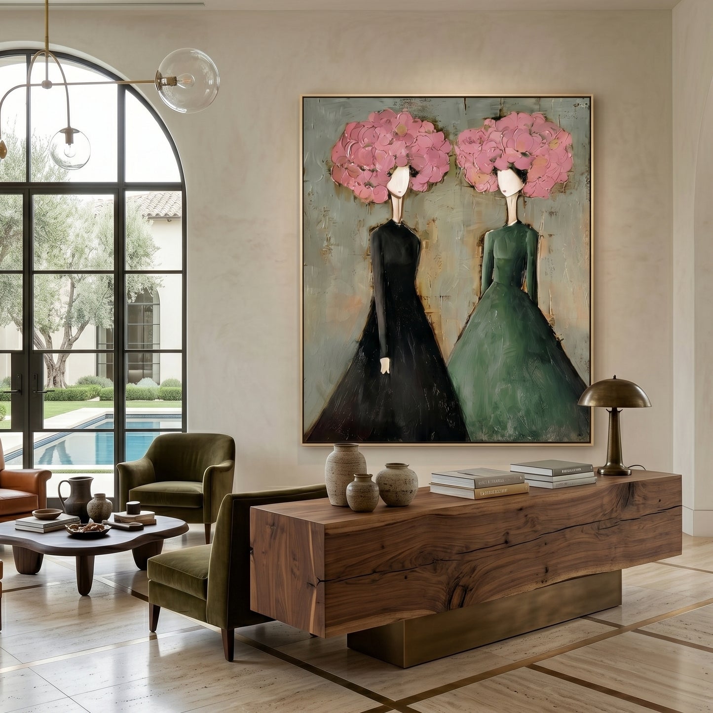 Large vertical 3D heavy texture abstract oil painting "Blossoming Elegance" with two ladies in green and black dresses, featuring pink sculpted floral crowns.