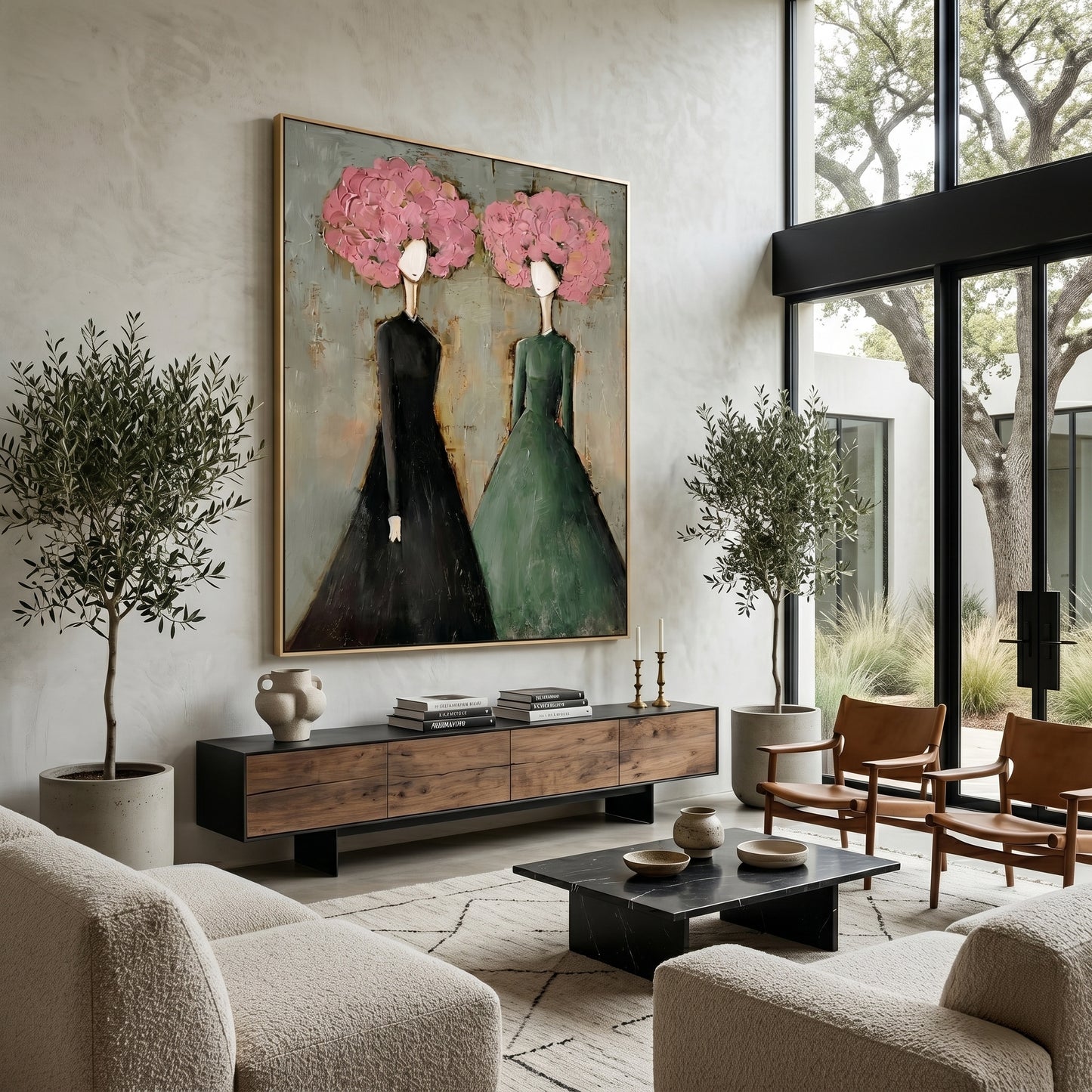 Large vertical 3D heavy texture abstract oil painting "Blossoming Elegance" with two ladies in green and black dresses, featuring pink sculpted floral crowns.