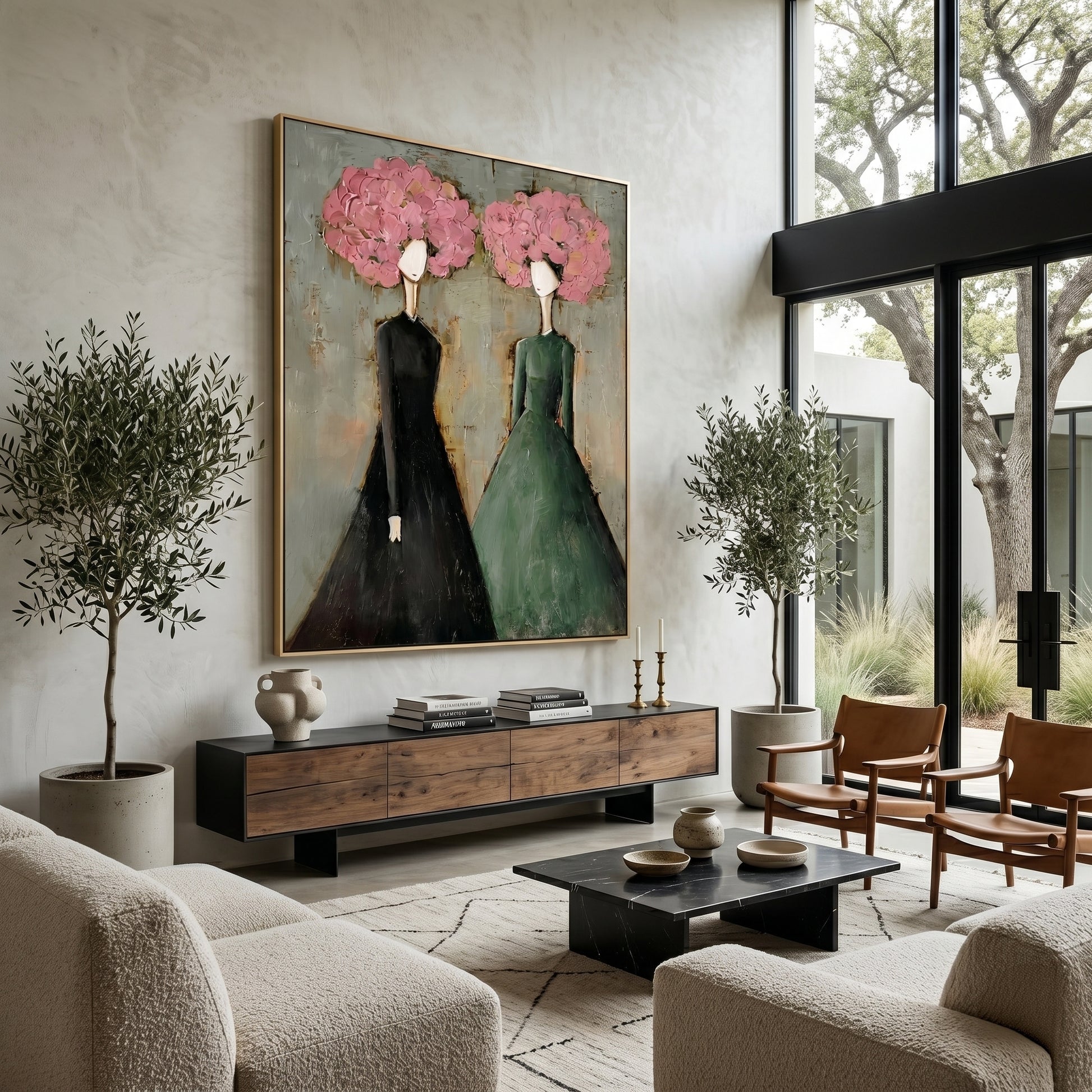 Large vertical 3D heavy texture abstract oil painting "Blossoming Elegance" with two ladies in green and black dresses, featuring pink sculpted floral crowns.