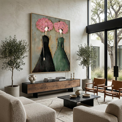 Large vertical 3D heavy texture abstract oil painting "Blossoming Elegance" with two ladies in green and black dresses, featuring pink sculpted floral crowns.