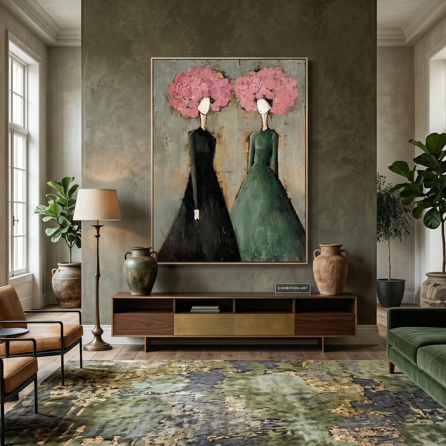 Large vertical 3D heavy texture abstract oil painting "Blossoming Elegance" with two ladies in green and black dresses, featuring pink sculpted floral crowns.