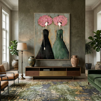Large vertical 3D heavy texture abstract oil painting "Blossoming Elegance" with two ladies in green and black dresses, featuring pink sculpted floral crowns.