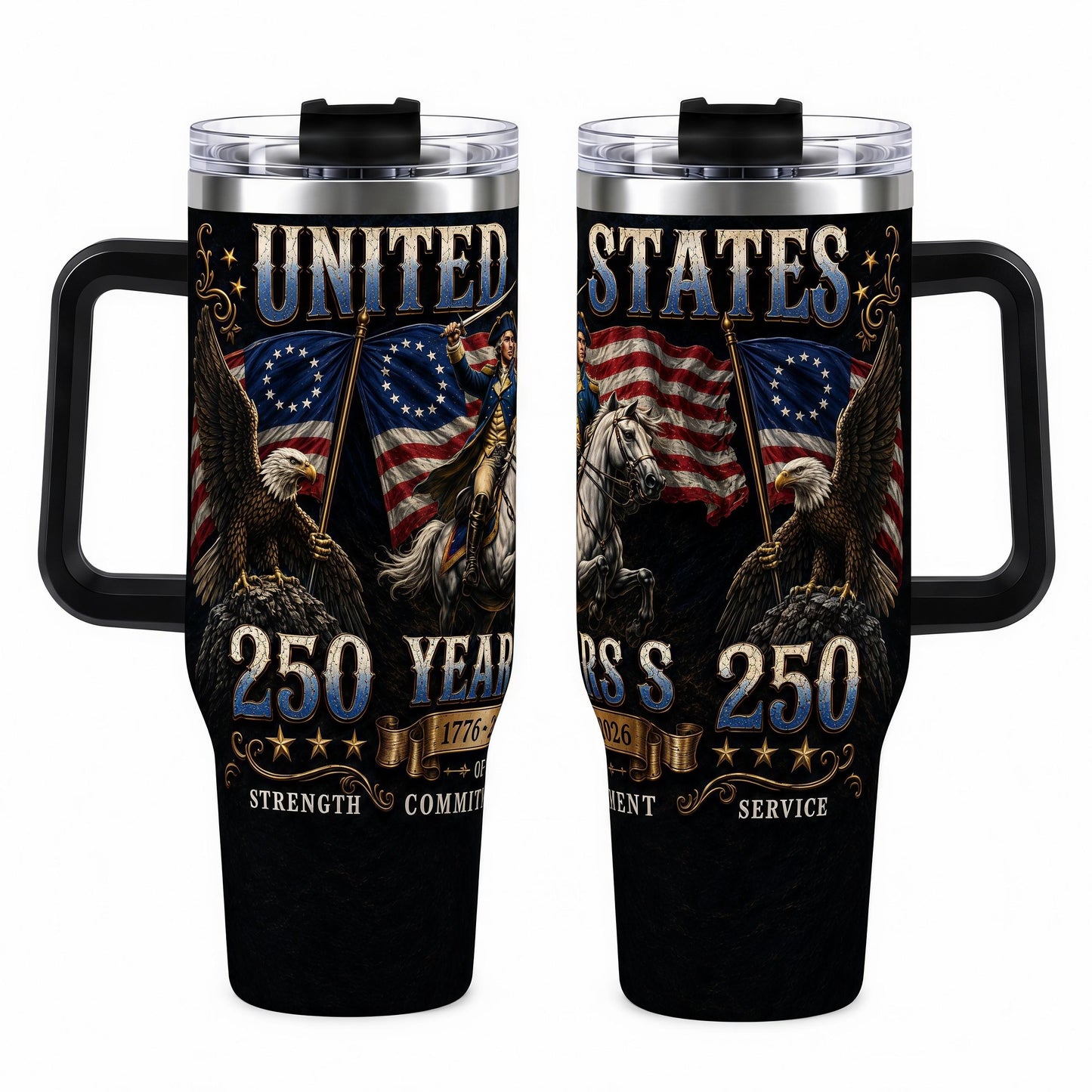 United States 250 Years 1776-2026 Patriotic 40oz Tumbler with Handle, George Washington American Eagle Insulated Water Cup for 4th of July, Cup Holder Friendly Travel Cup