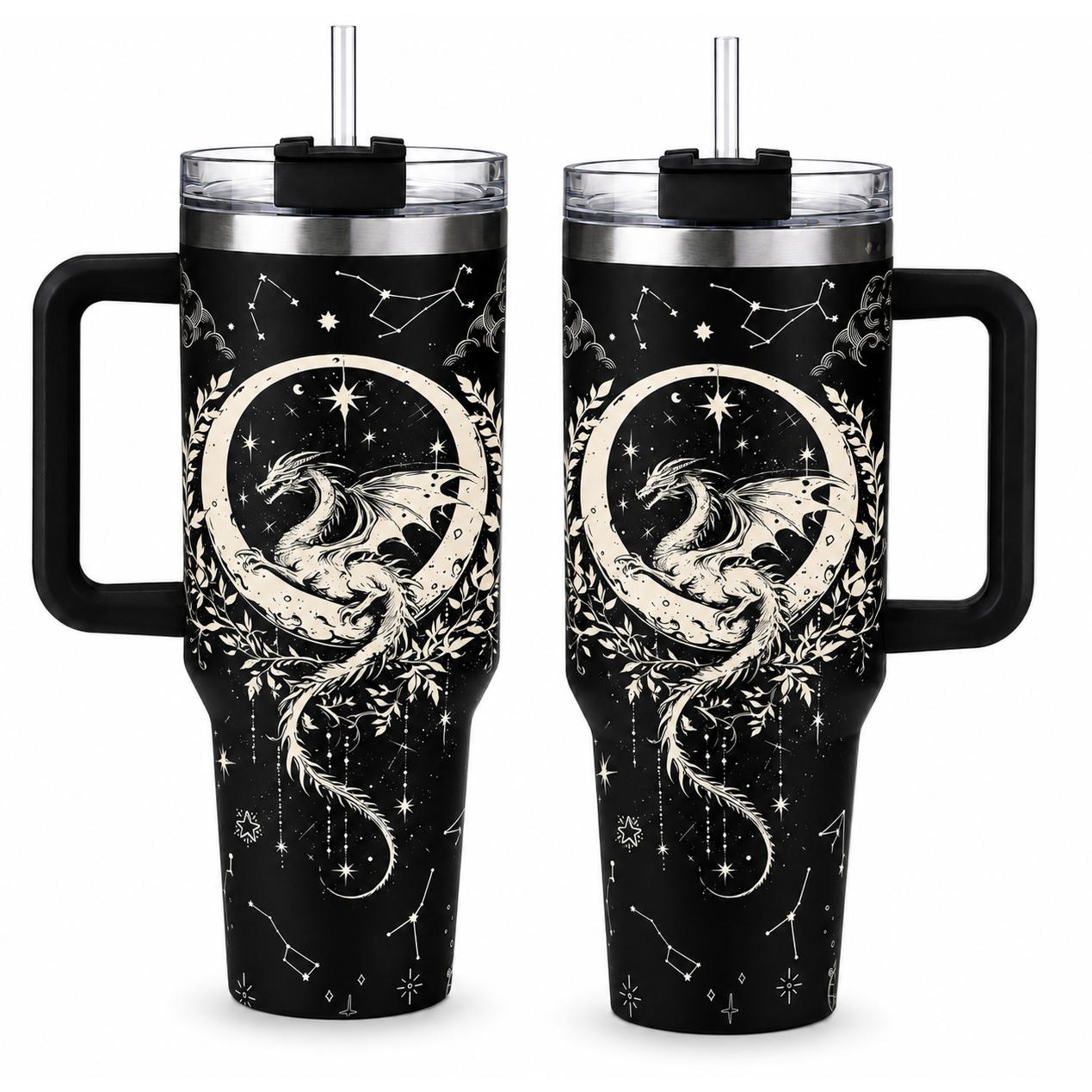 Fantasy Dragon 40oz Stainless Steel Insulated Tumbler with Handle and Straw, Black White Moon Star Celestial 2D Printed Travel Cup,Fantasy Gift for Women and Men