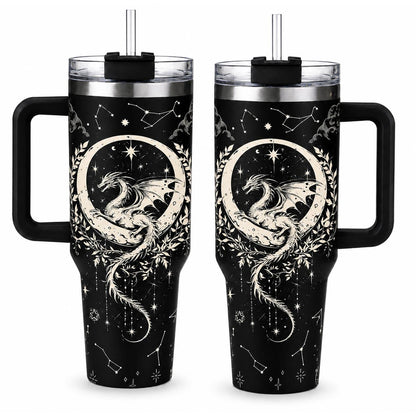 Fantasy Dragon 40oz Stainless Steel Insulated Tumbler with Handle and Straw, Black White Moon Star Celestial 2D Printed Travel Cup,Fantasy Gift for Women and Men